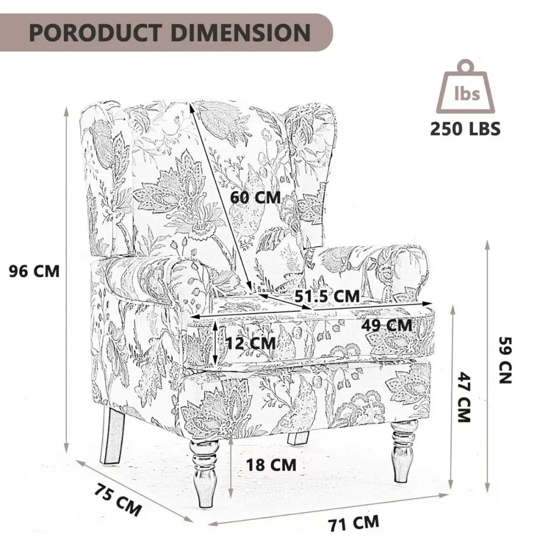 Un sillón clásico con respaldo capitoné, tapizado en un tejido floral detallado con patrones botánicos intrincados y con patas de madera retro.