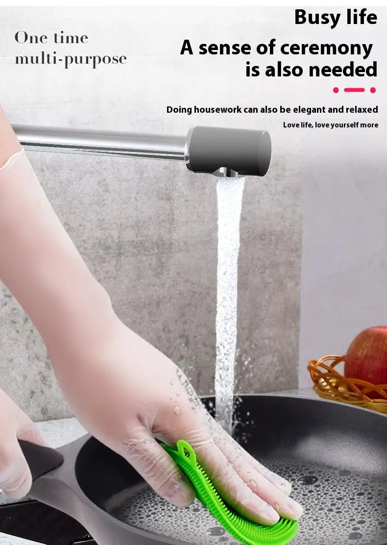 green silicone scrubber with zipper closure shown alongside disposable pvc and nitrile kitchen gloves 100pcs for household use