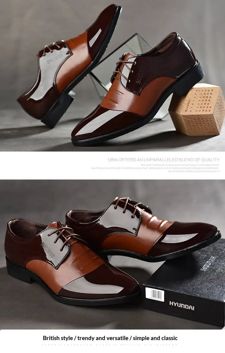 Herrenschuhe Oxford aus braunem und schwarzem zweifarbigem Lackleder mit glanzvoller Oberfläche und spitzer Kappe im britischen Stil.