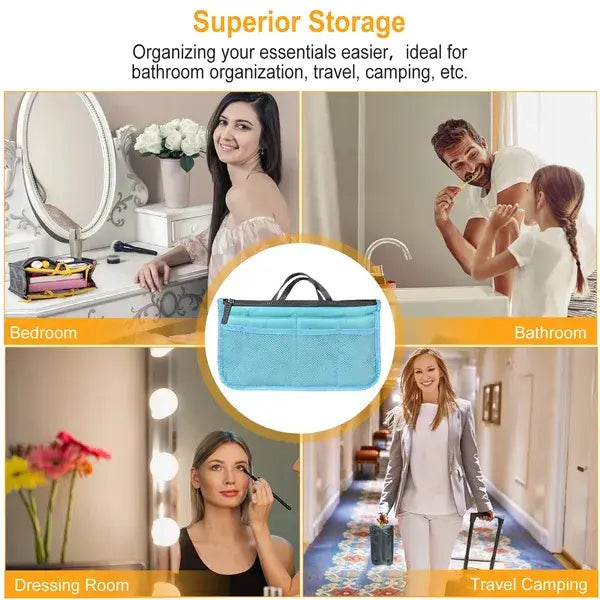 Light blue mesh multi pocket nylon handbag organizer with dual zippers and black handles designed for superior storage in bathrooms and travel.