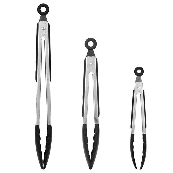 Set of three stainless steel kitchen tongs with black silicone tips and circular handles for versatile cooking use.