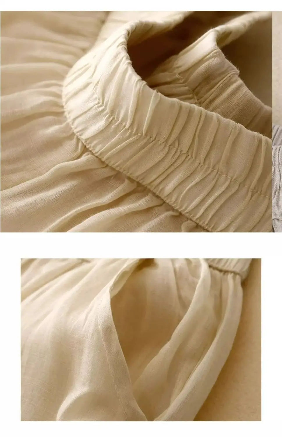 Cremefarbene bestickte Baumwoll-Leinen-Wide-Leg-Hosen mit sanft gekräuseltem Stoff und einer entspannten, fließenden Textur.