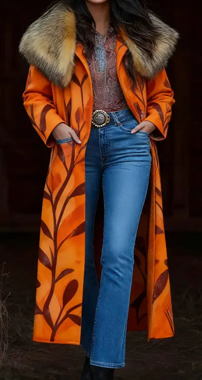 Retro-Damen-Langmantel mit Print in einer leuchtenden Orangetönung mit einem auffälligen braunen Blattmuster und einer weich ausgefütterten Fellkapuze.