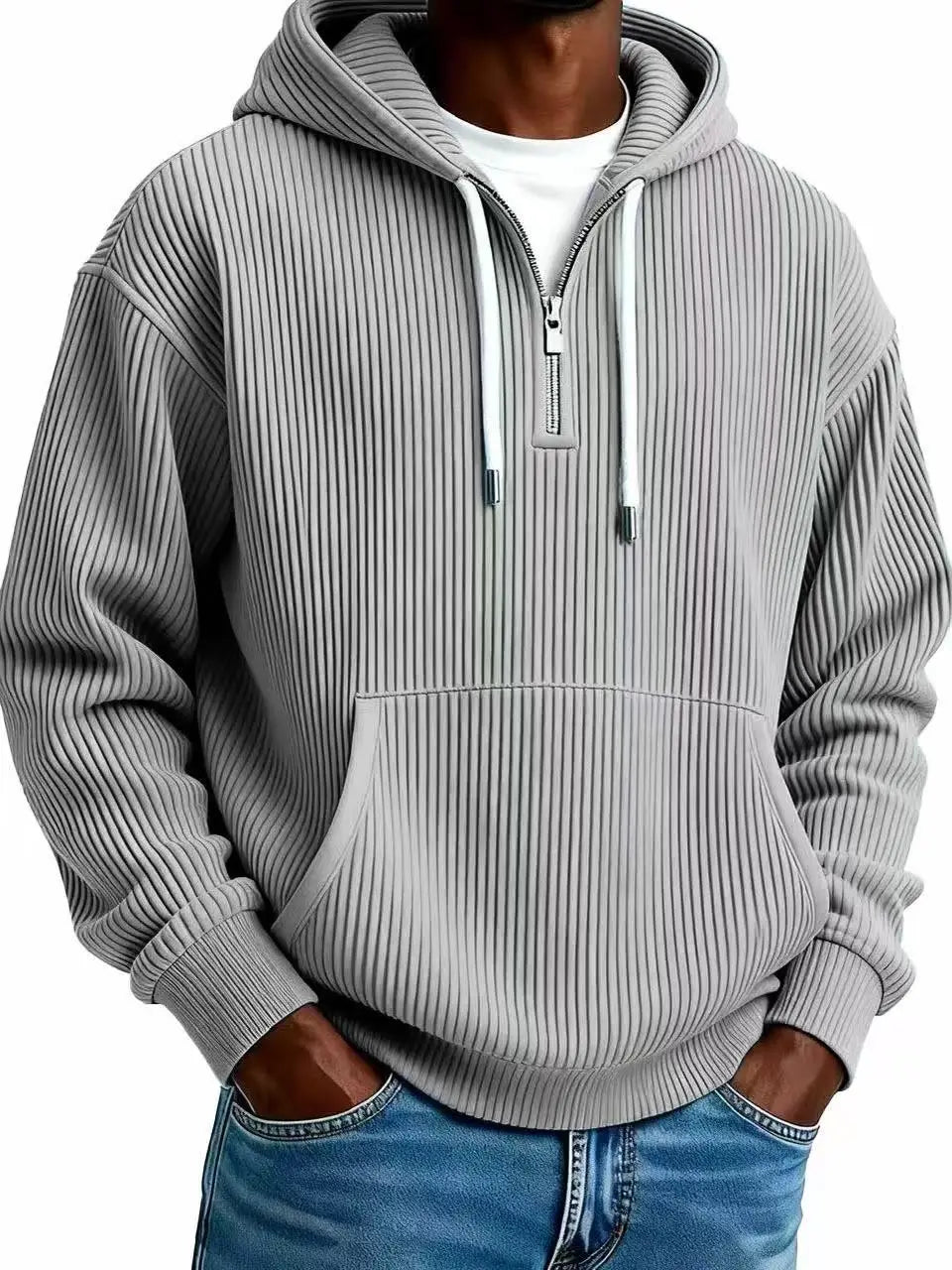 Men’s ribbed corduroy half zip pullover hoodie in gray with a half-zip front and white drawstrings.