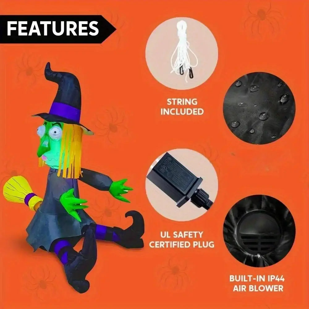 4ft inflatable halloween witch with led lights green face yellow hair dark gray dress outdoor blow up decoration