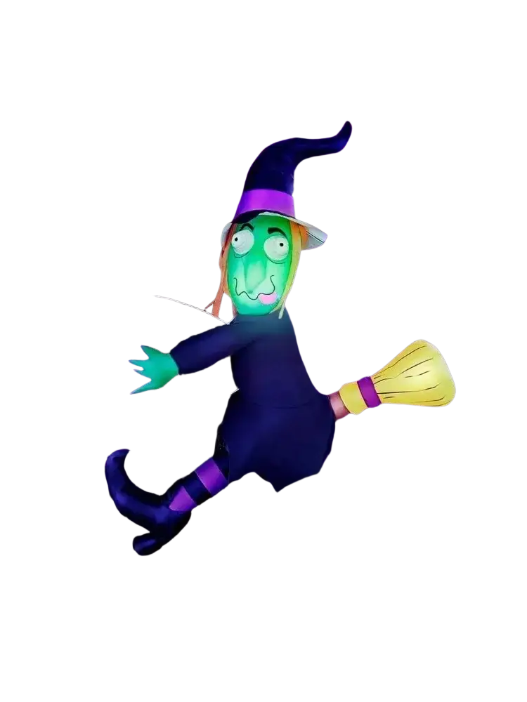 4ft inflatable witch outdoor blow up led decoration with glowing green face purple hat and boots holding yellow broomstick