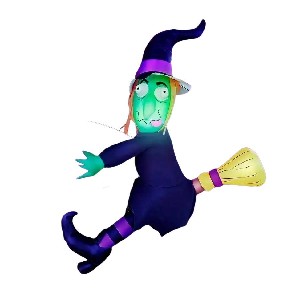 4ft inflatable witch decoration with led lights featuring a glowing green face purple hat and outdoor blow design
