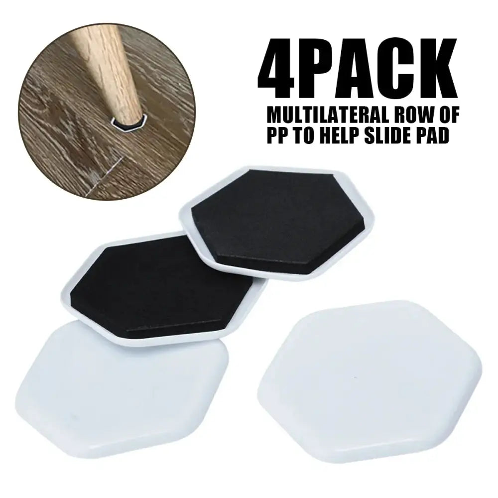 Set of four heavy duty hexagonal furniture moving sliders with black rubberized surface and white plastic edges for protection