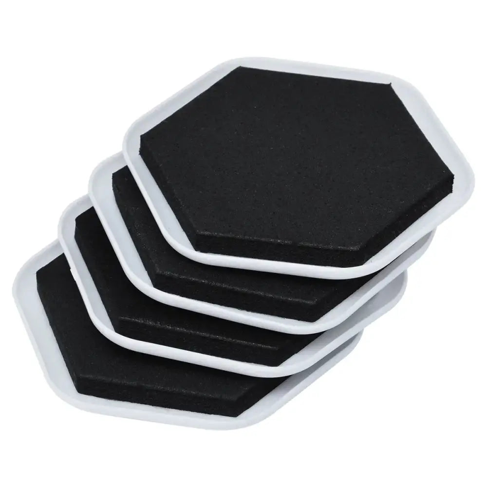 Heavy duty hexagonal black adhesive furniture moving sliders with white borders for leveling and floor protection 4 pack