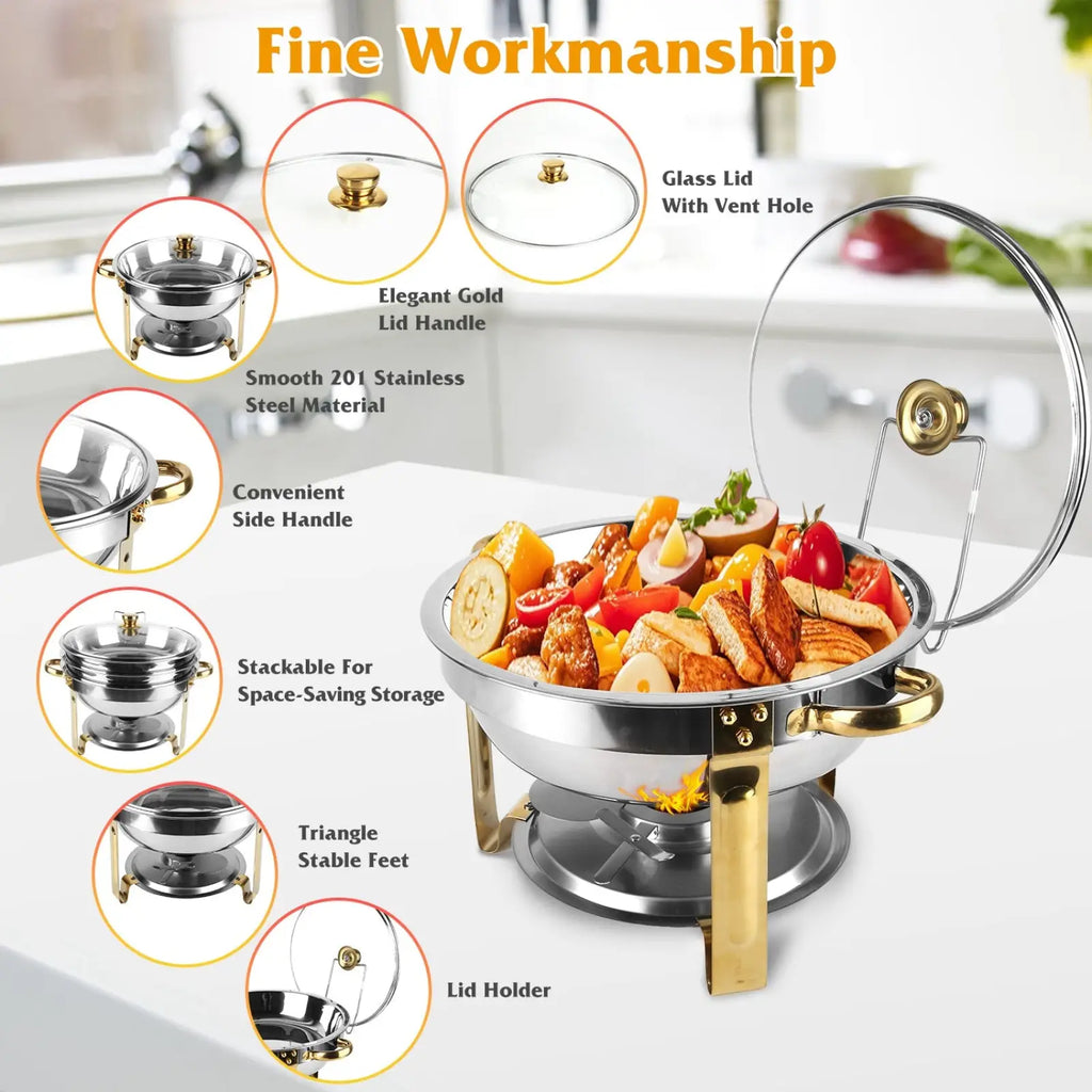 Stainless steel 4pcs round chafing dish buffet set with gold accents and a glass lid featuring a vent hole