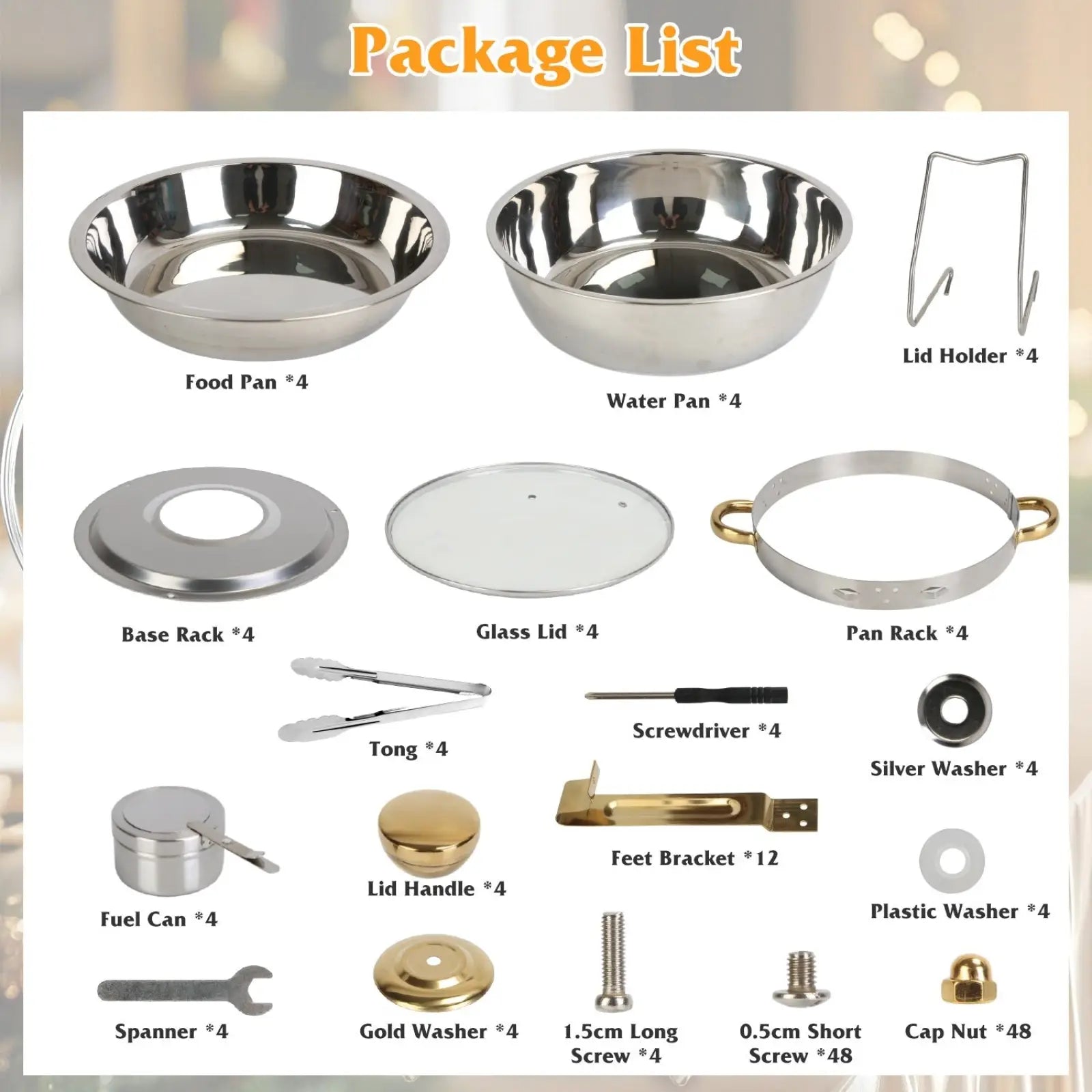 Set of four round stainless steel food pans with polished surfaces and raised rims for buffet chafing dish use