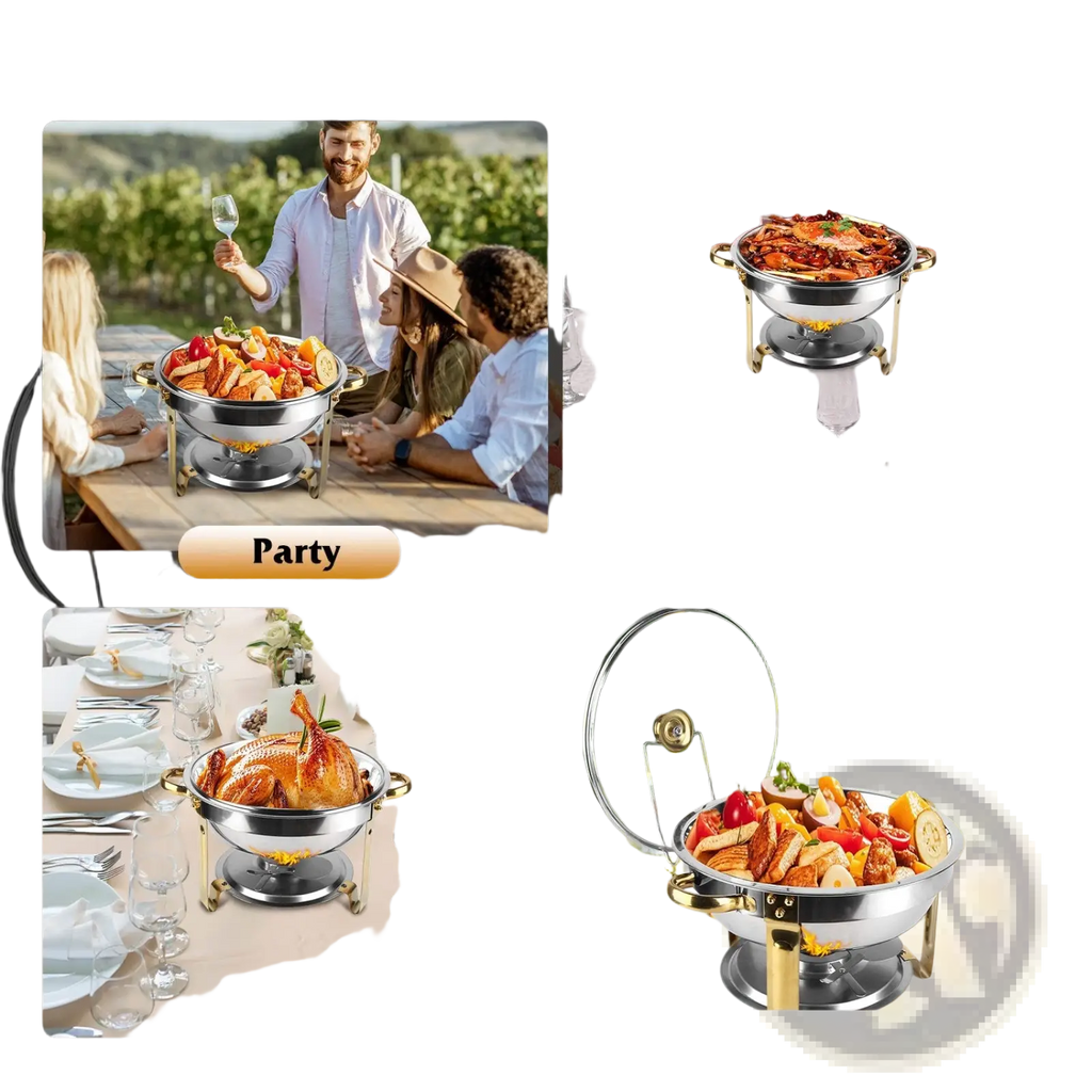 Stainless steel 4pcs round chafing dish buffet set with gold legs and handles for parties banquets weddings or buffets