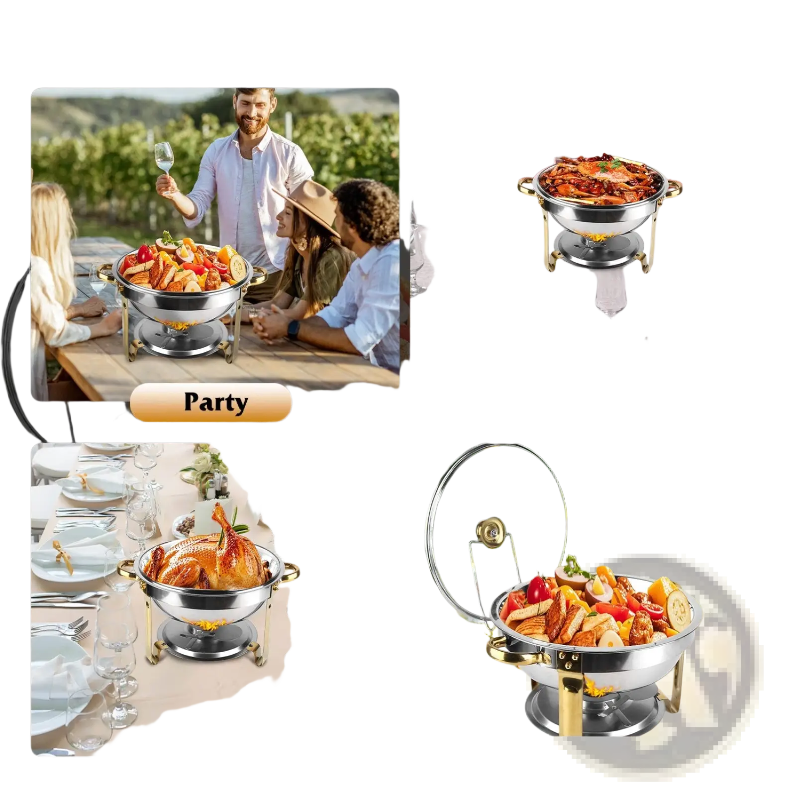 Stainless steel 4pcs round chafing dish buffet set with gold legs and handles for parties banquets weddings or buffets