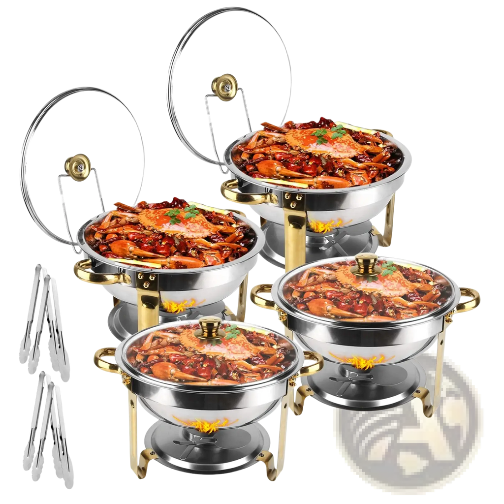 Set of four stainless steel chafing dishes with gold handles containing spicy crab dishes for buffet use