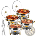 Set of four stainless steel chafing dishes with gold handles containing spicy crab dishes for buffet use