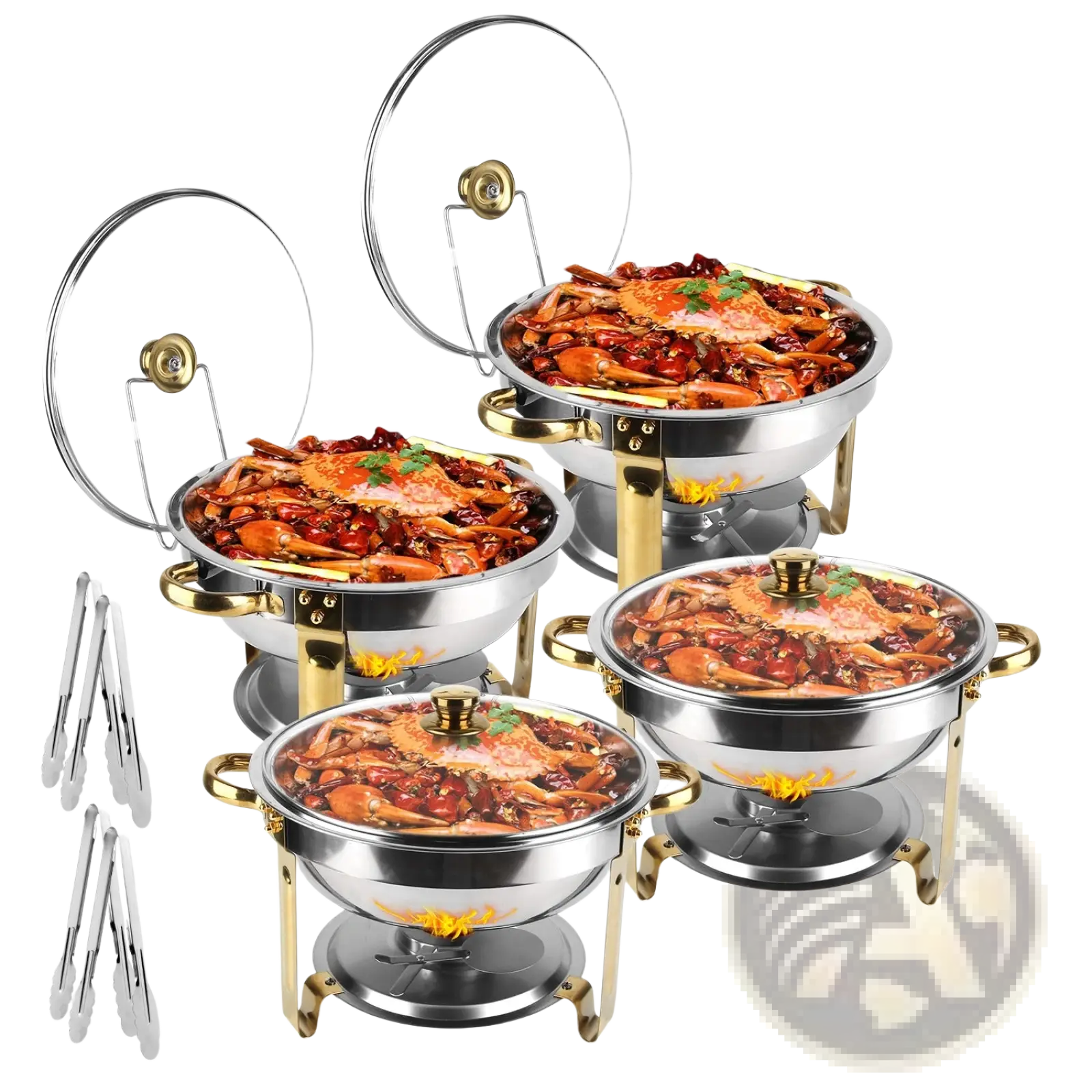 Set of four stainless steel chafing dishes with gold handles containing spicy crab dishes for buffet use