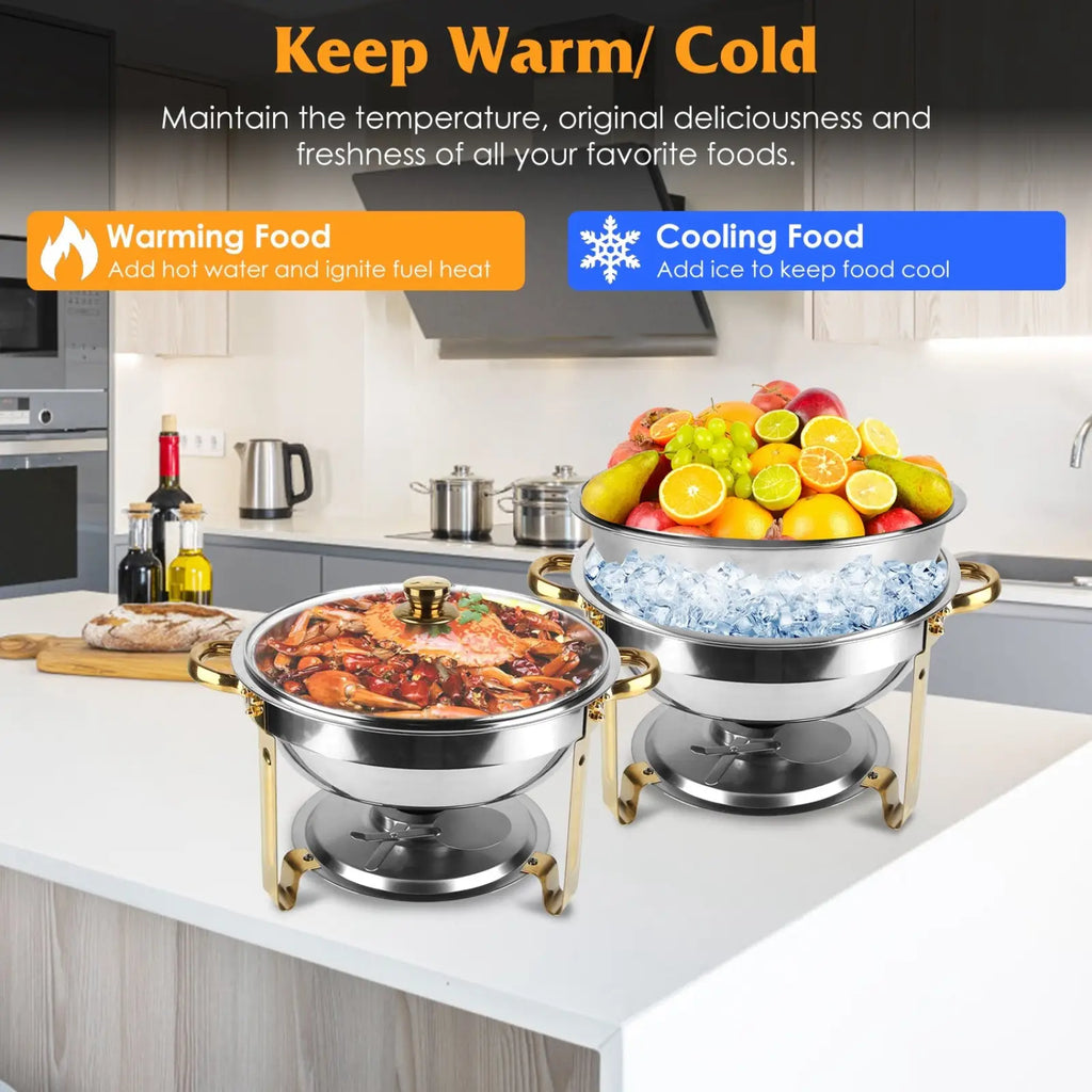 4pcs round chafing dish buffet set in stainless steel with gold handles and legs, containing food and fruit with ice