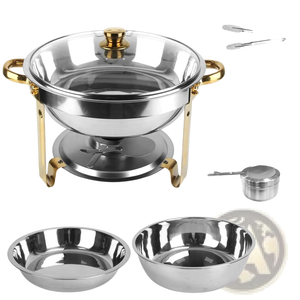 Stainless steel 4pcs round chafing dish buffet set with gold handles and lid knob and two matching serving bowls