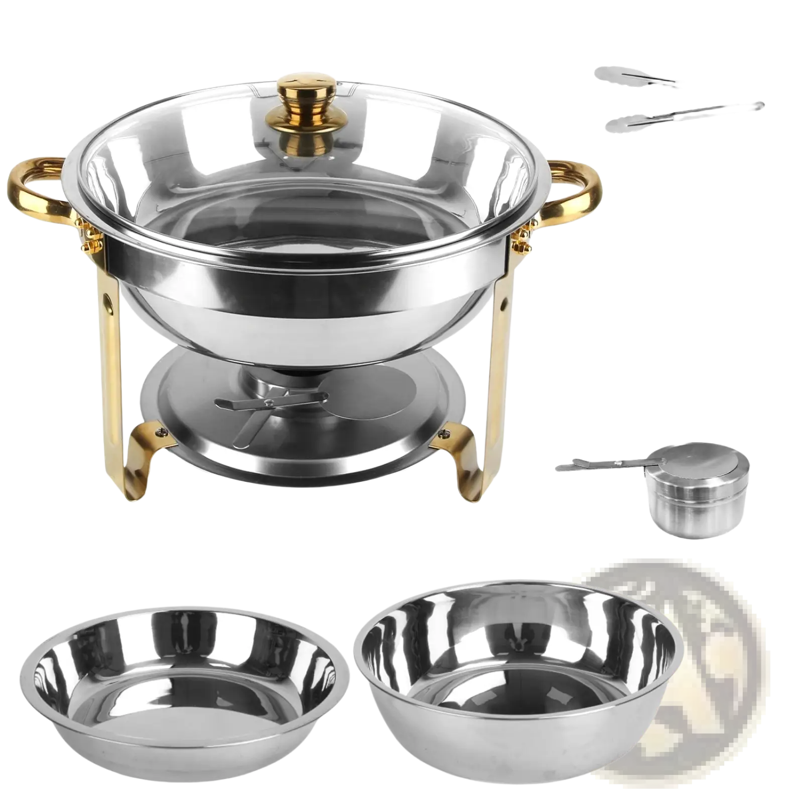 Stainless steel 4pcs round chafing dish buffet set with gold handles and lid knob and two matching serving bowls