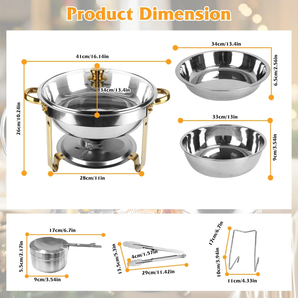 Stainless steel 4pcs round chafing dish buffet set with gold-colored handles and reflective metallic finish