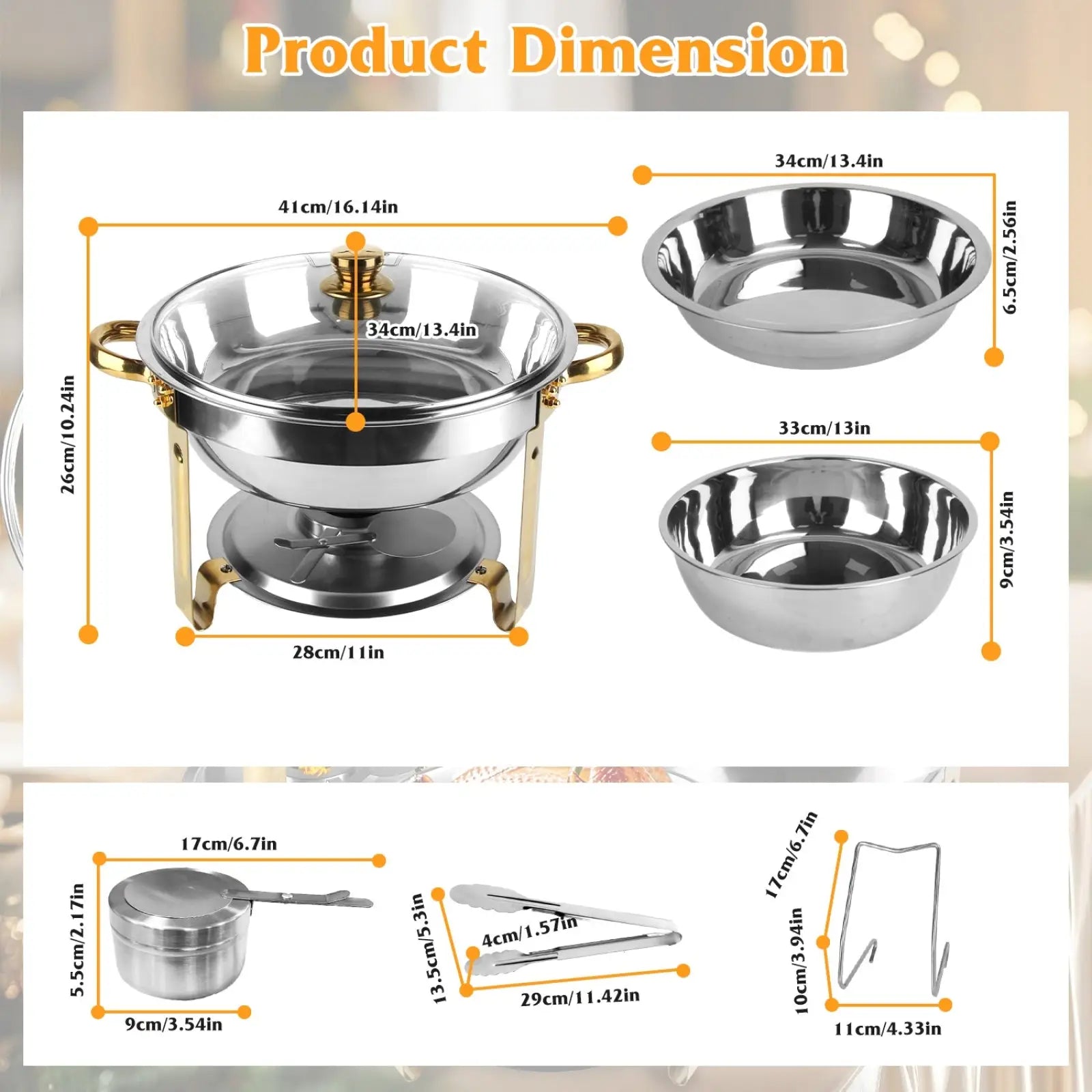 Stainless steel 4pcs round chafing dish buffet set with gold-colored handles and reflective metallic finish