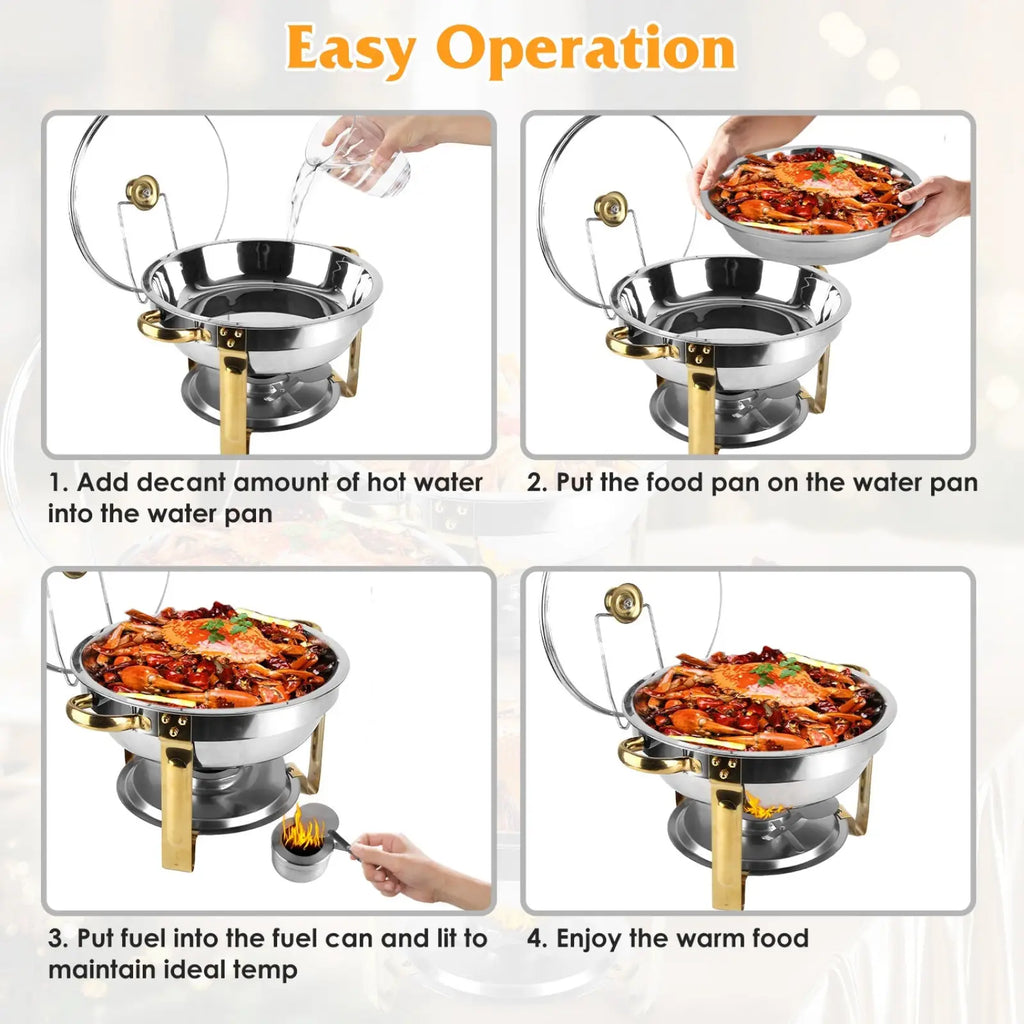 Stainless steel and brass-colored 4.76qt round chafing dish with glass lid for serving warm food buffet set