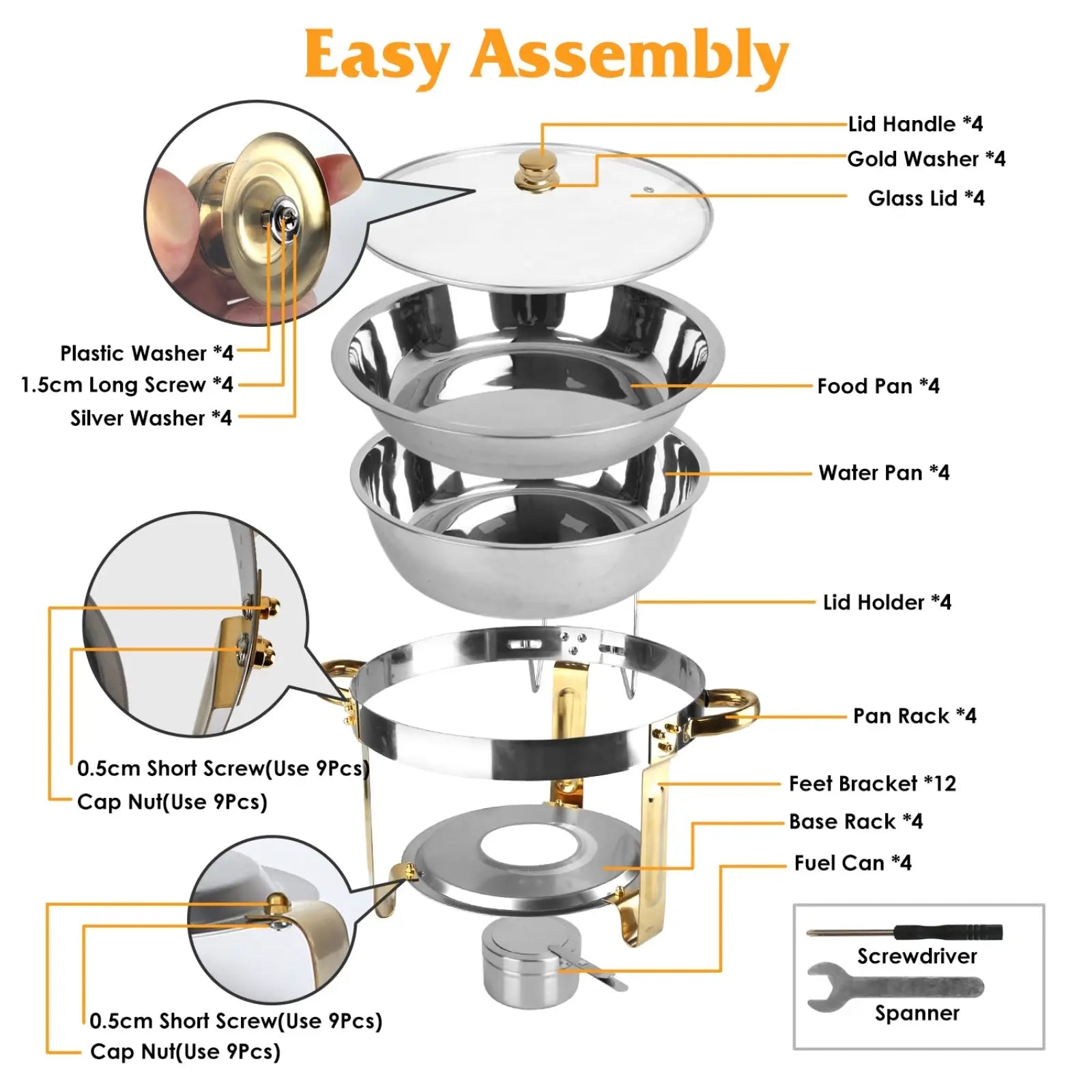 Stainless steel and gold-toned 4pcs round chafing dish buffet set with multi-tier glass lids 4.76qt capacity