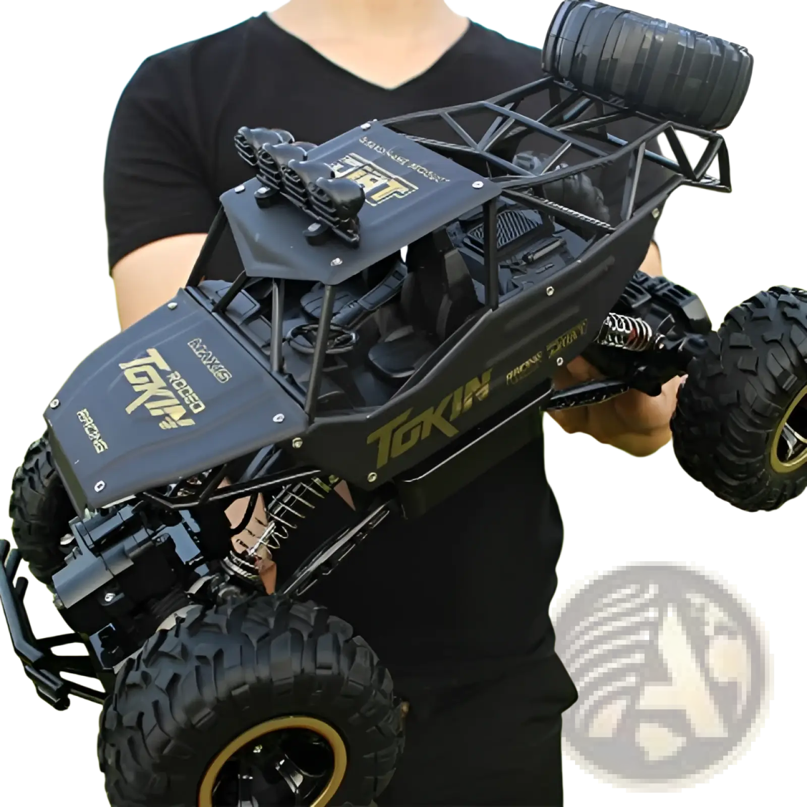 Black and gold 4wd rc off-road high speed crawler truck toy with rugged tires and exposed chassis shown from the back side