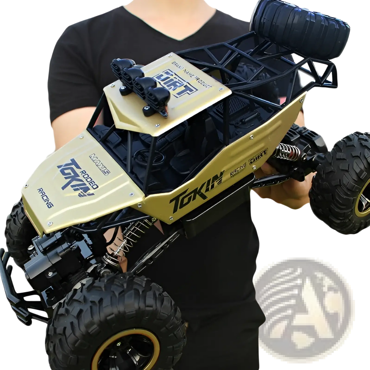 Gold and black 4wd rc off-road high speed crawler truck toy with rugged tires exposed chassis frame and detailed decals
