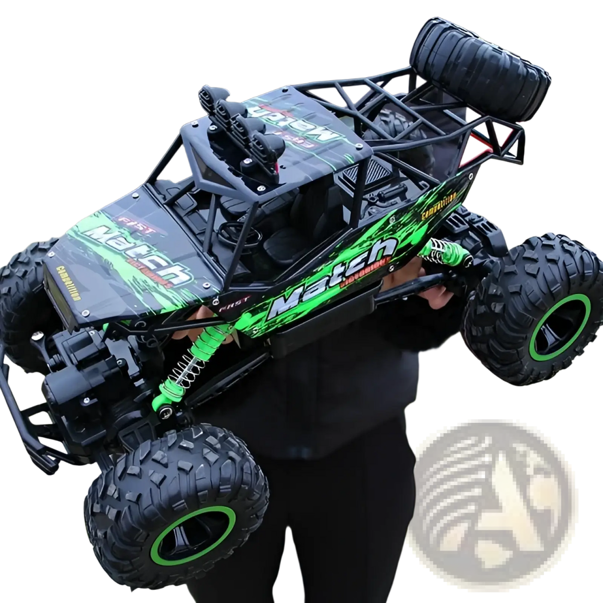 Black and neon green 4wd rc off-road high speed crawler truck toy with rugged tires and detailed chassis for rock crawling