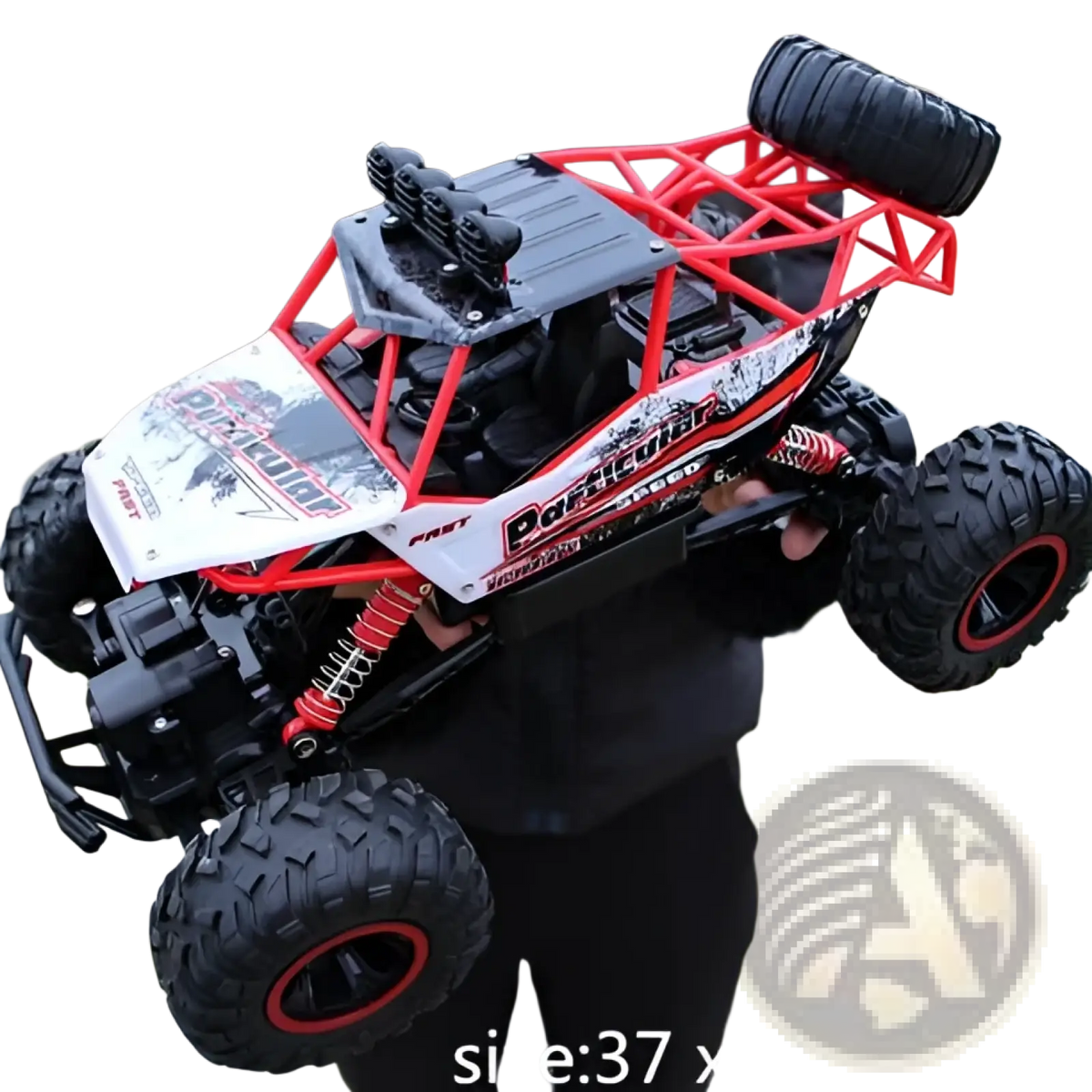 Red and black 4wd rc off-road high speed crawler truck toy with rugged tires and detailed suspension for rough terrain