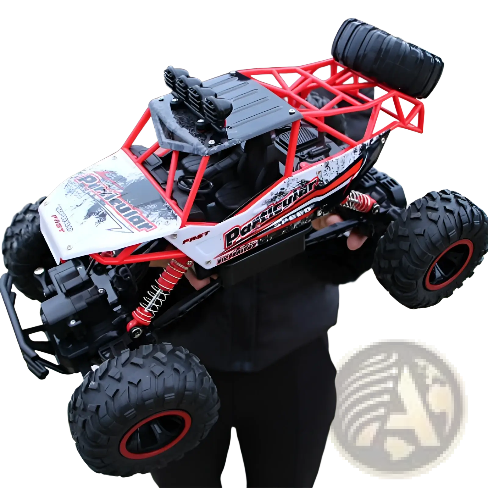Red and black 4wd rc off-road high speed crawler truck toy with rugged tires and dakar branding on white hood