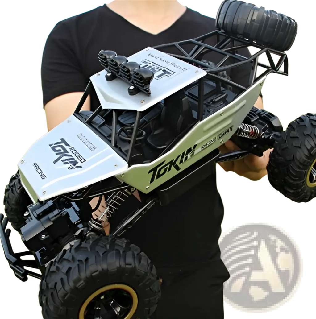 White and black 4wd rc off-road high speed crawler truck toy with rugged tires and detailed chassis for rough terrain