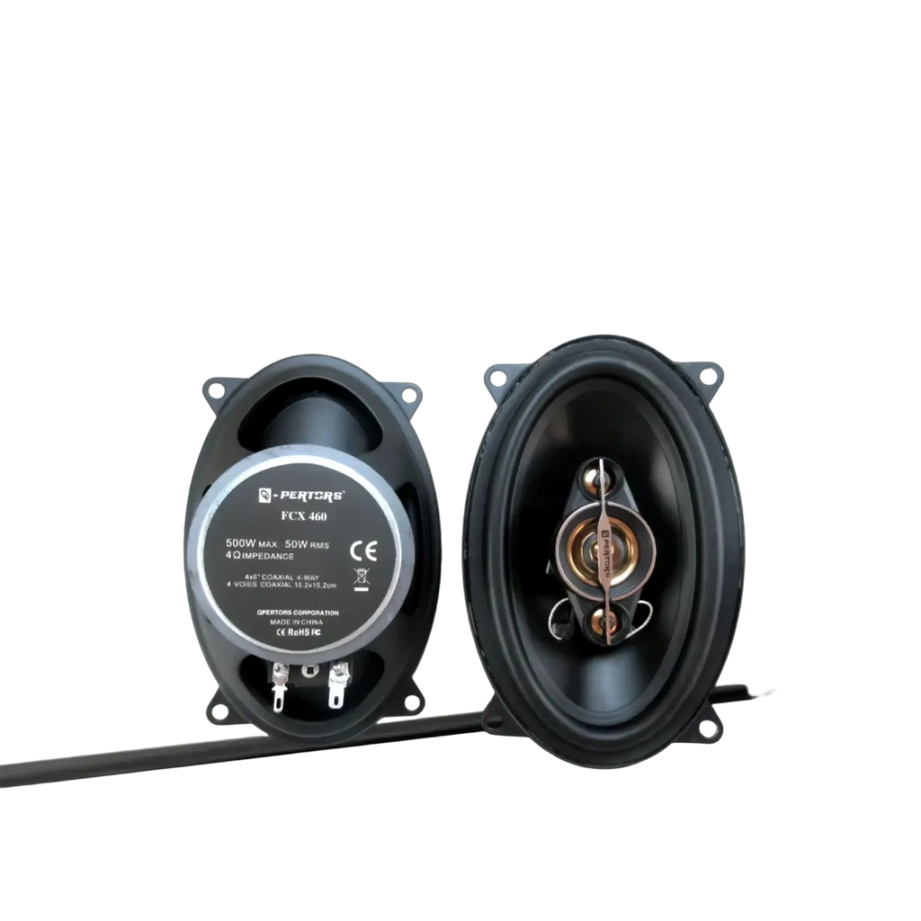 Black oval-shaped 4x6 car speaker by pertcors with silver and black components 500w max coaxial audio fcx 460 model