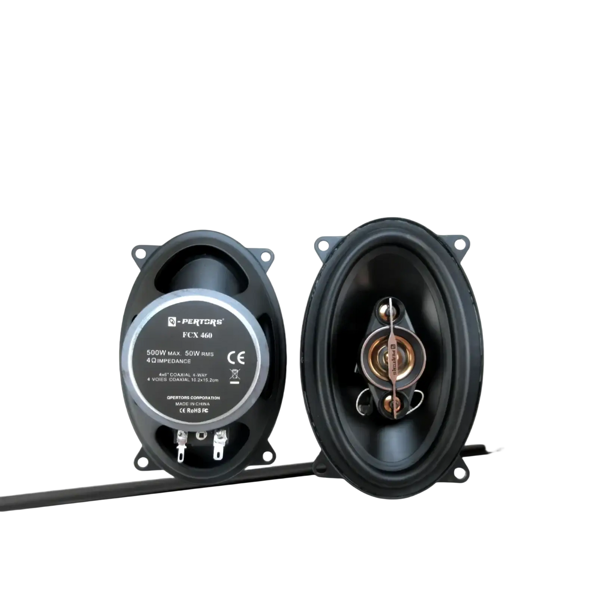 Black oval-shaped 4x6 car speaker by pertcors with silver and black components 500w max coaxial audio fcx 460 model