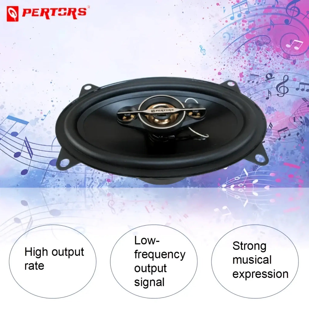 Black 4x6 oval coaxial car speaker with 500w power, gold center cone, and mounting brackets for audio systems