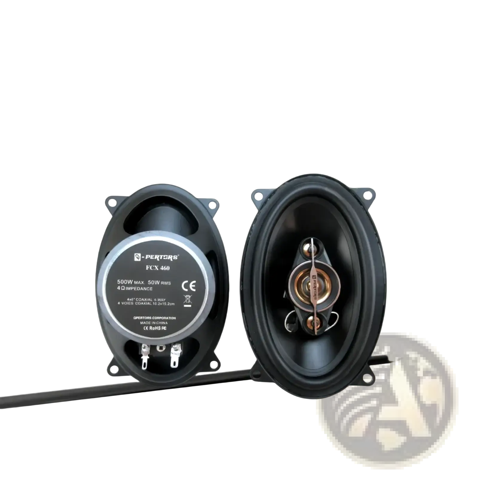 Black oval-shaped 4x6 car speaker by pertcors with silver and black components 500w max coaxial audio fcx 460 model