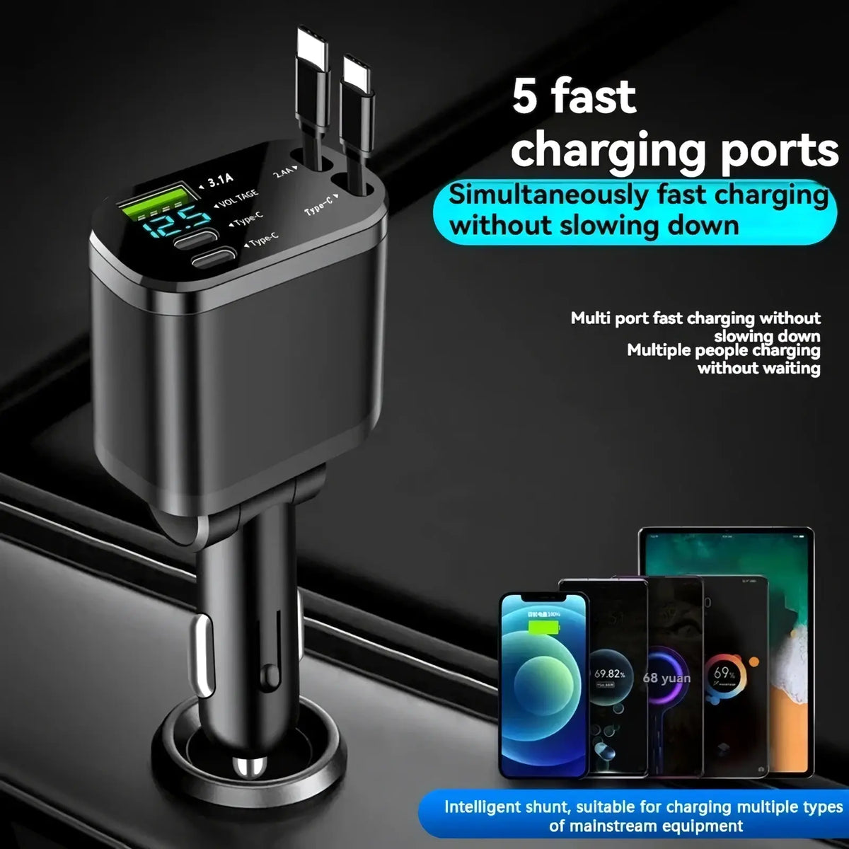 Black 5-in-1 fast retractable car charger with five fast charging ports and digital display for efficient charging