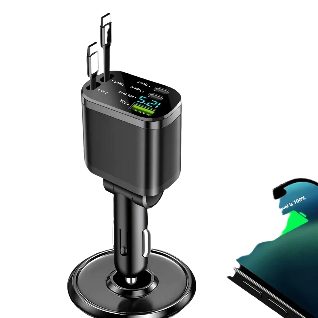 Black 5-in-1 fast retractable car charger with multiple USB ports and digital display showing charging status