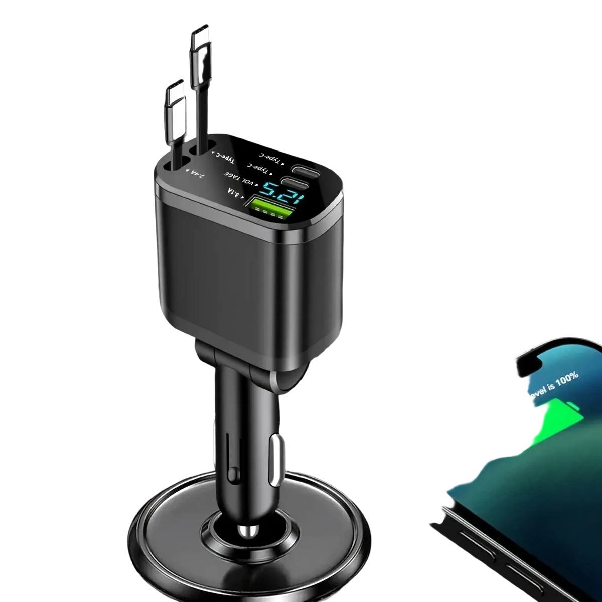 Black 5-in-1 fast retractable car charger with multiple USB ports and digital display showing charging status