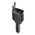 Black 5-in-1 fast retractable car charger with multiple usb ports and digital voltage display for vehicle use