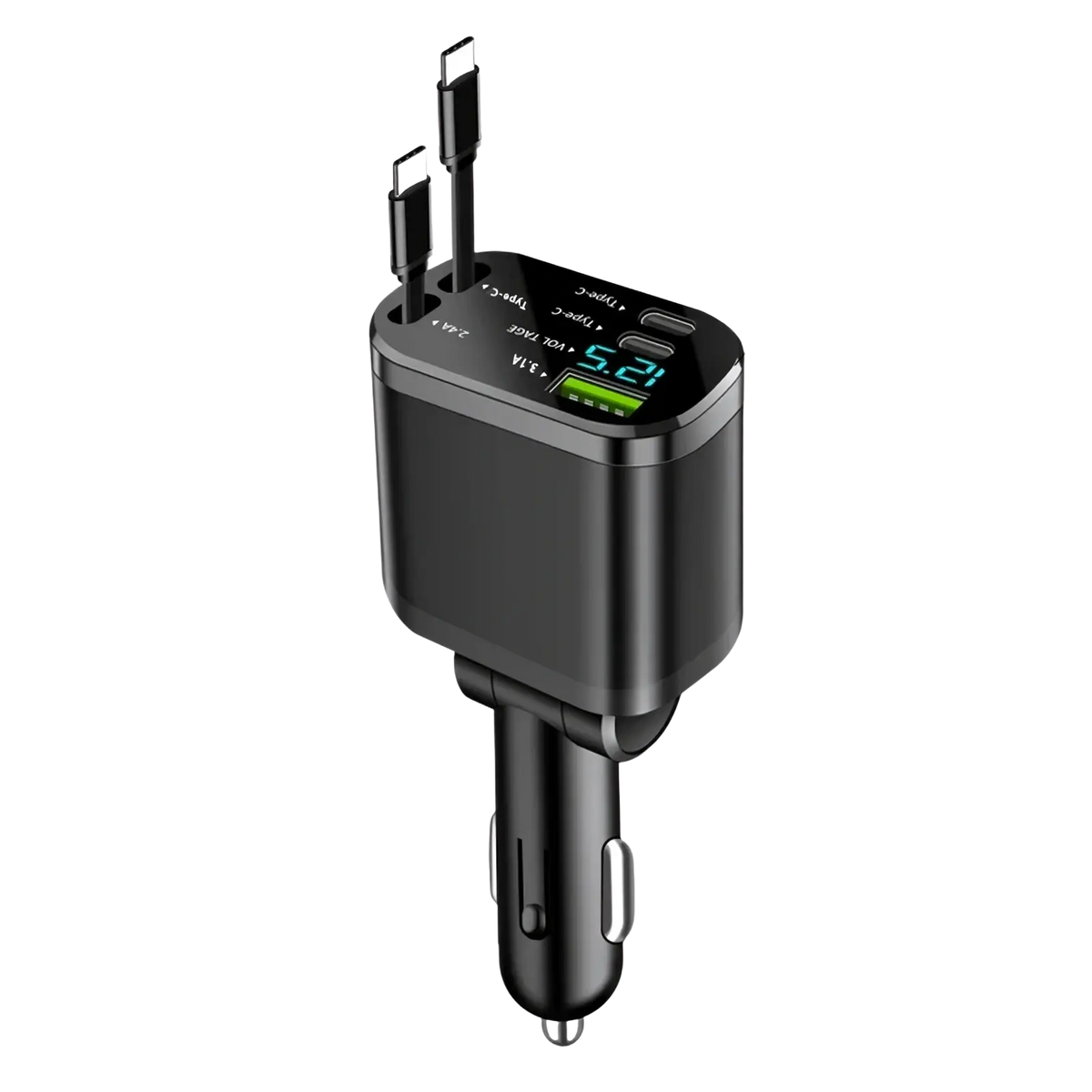 Black 5-in-1 fast retractable car charger with multiple usb ports and digital voltage display for vehicle use