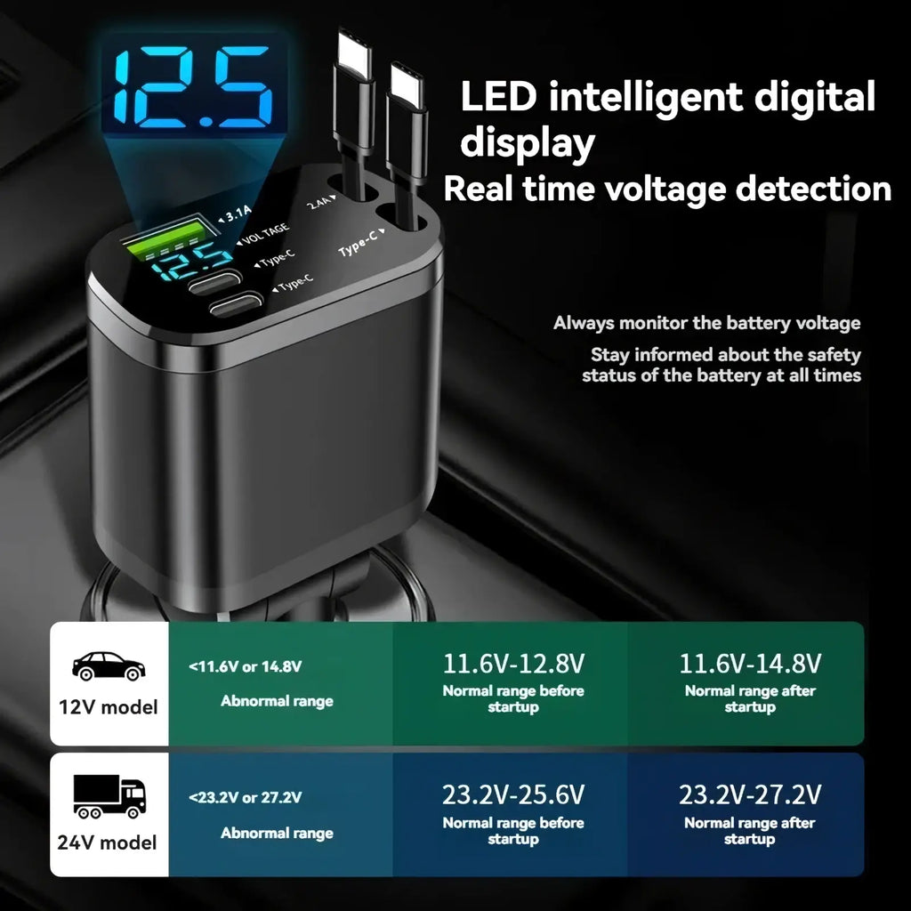 Black led intelligent digital display 5-in-1 fast retractable car charger with multiple type-c ports and voltage detection