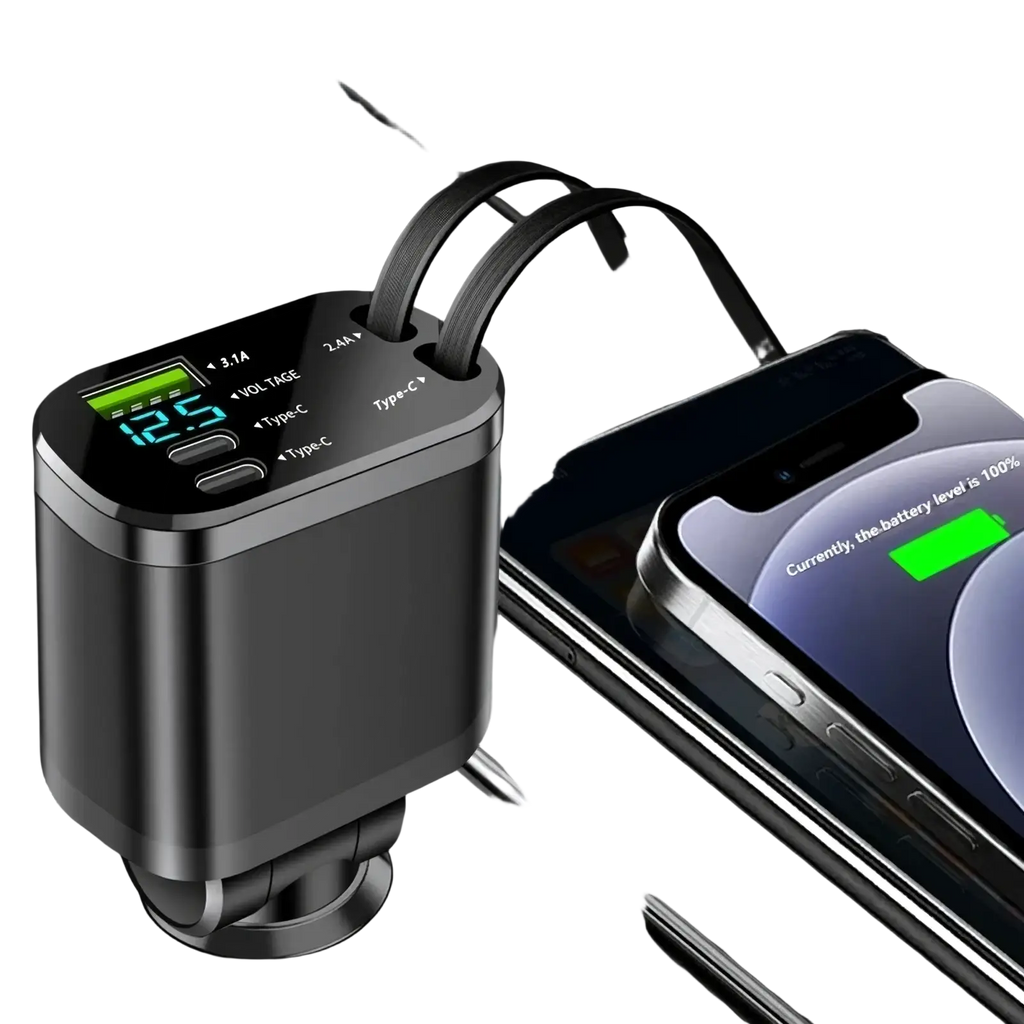 Black metallic 5-in-1 fast retractable car charger with digital display and multiple type-c ports for vehicle use