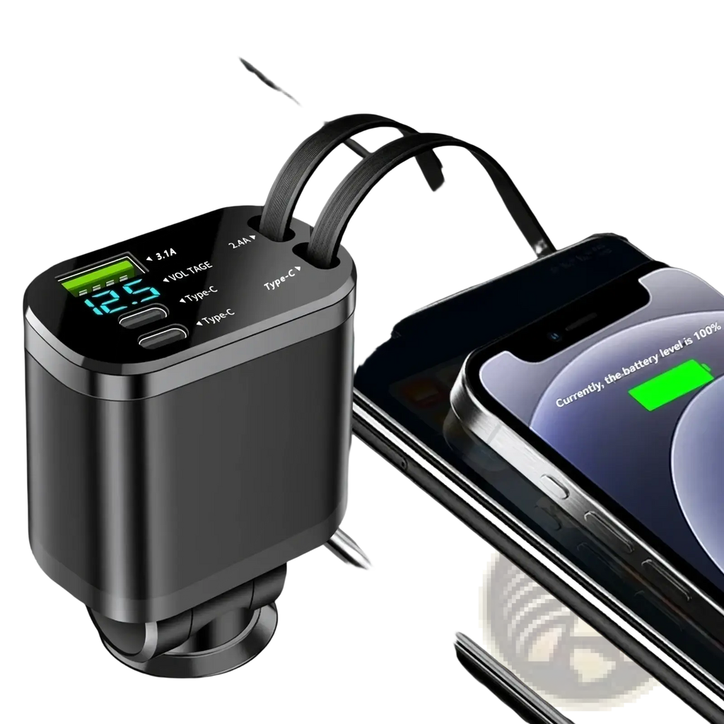 Black metallic 5-in-1 fast retractable car charger with digital display and multiple type-c ports for vehicle use