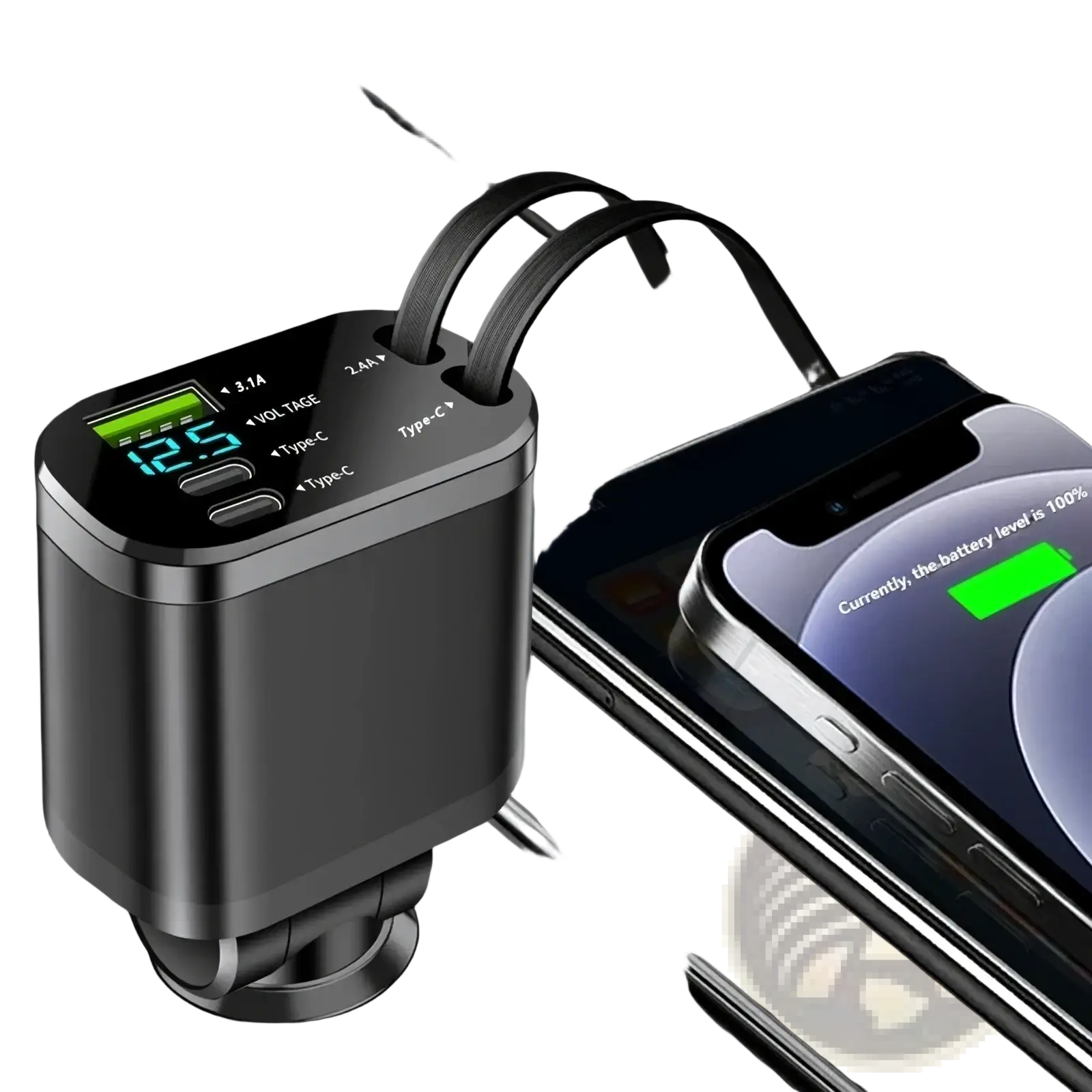 Black metallic 5-in-1 fast retractable car charger with digital display and multiple type-c ports for vehicle use