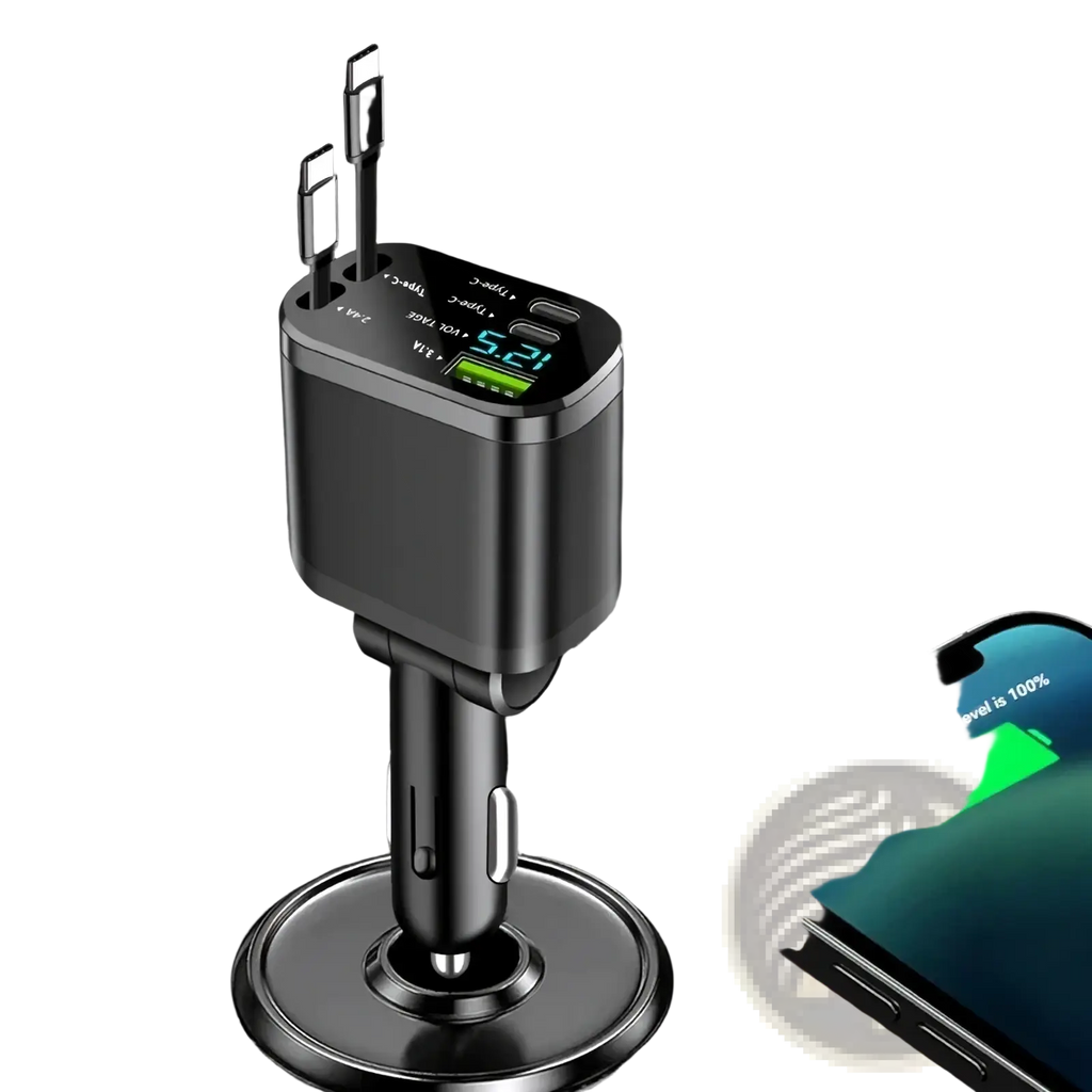 Black 5-in-1 fast retractable car charger with multiple USB ports and digital display showing charging status