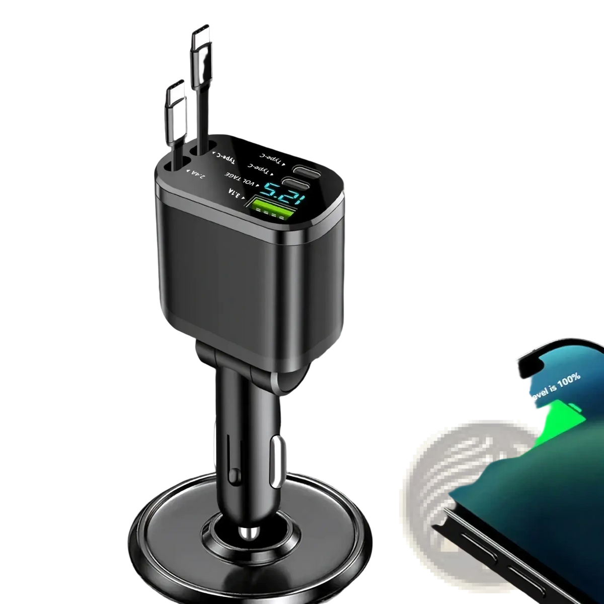 Black 5-in-1 fast retractable car charger with multiple USB ports and digital display showing charging status
