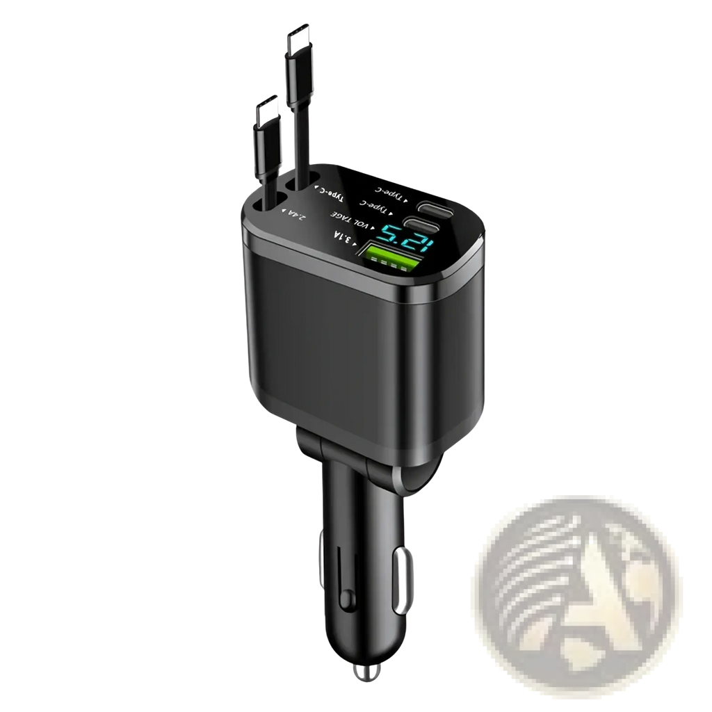 Black 5-in-1 fast retractable car charger with multiple usb ports and digital voltage display for vehicle use