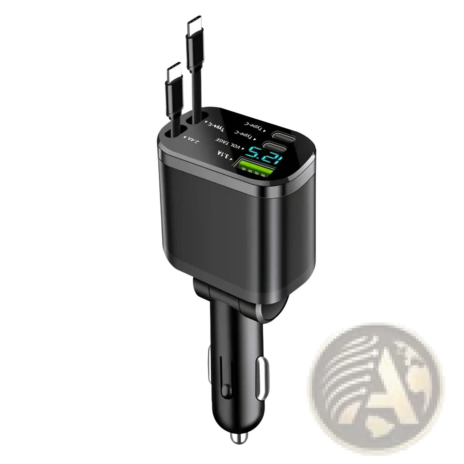 Black 5-in-1 fast retractable car charger with multiple usb ports and digital voltage display for vehicle use